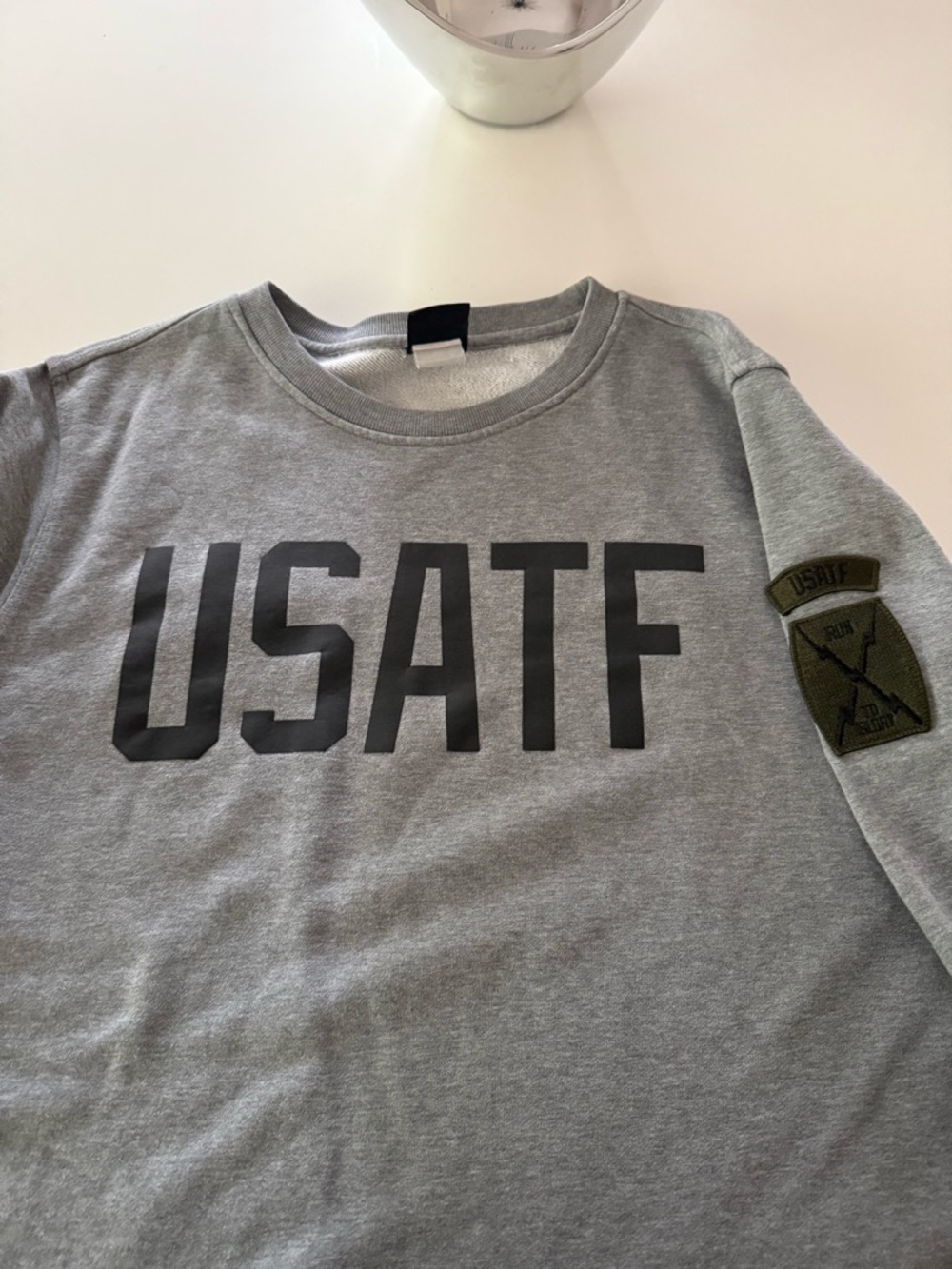 Vintage Nike USATF Grey Crewneck Sweatshirt with Run to Glory Sleeve Patch